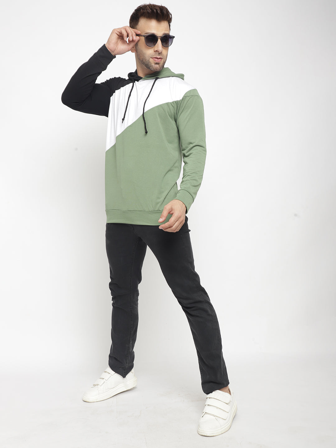 Hooded Full Sleeve Black and Moss Green  T-Shirt