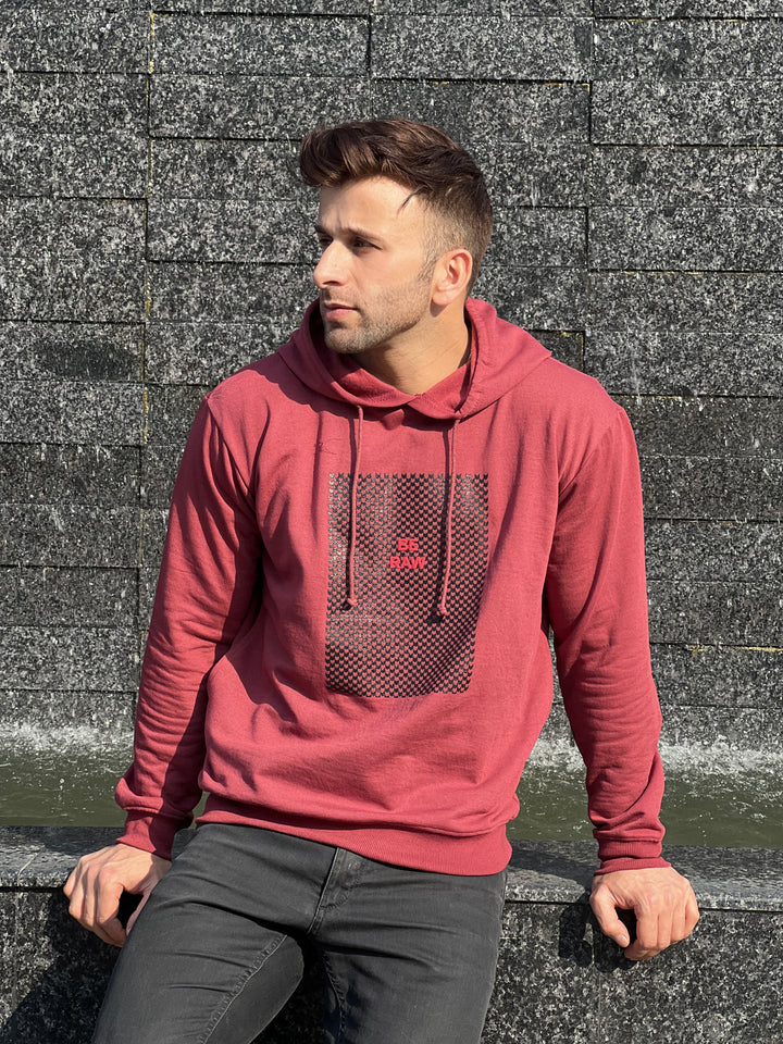 "BE RAW" Full Sleeve Wine Fleece Hoodie