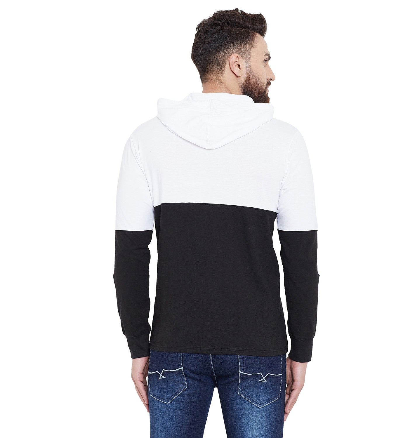 White/Black Printed Hooded Full Sleeves T-Shirt