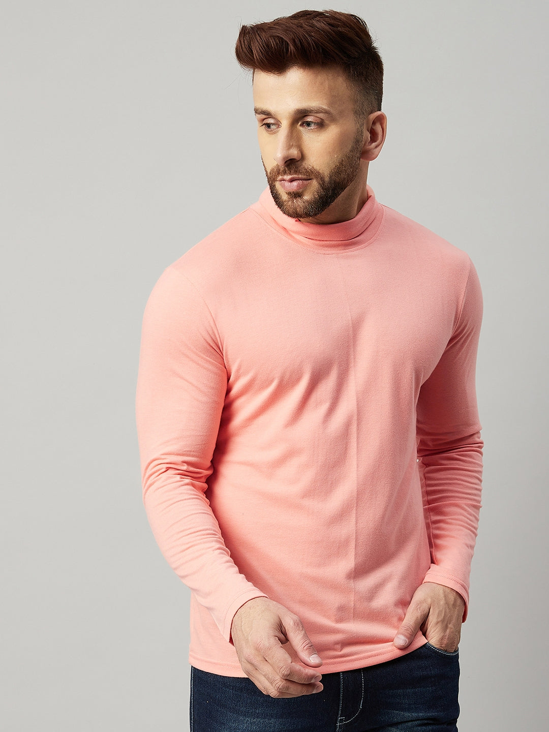 Coral High Neck  Solid T-Shirt
