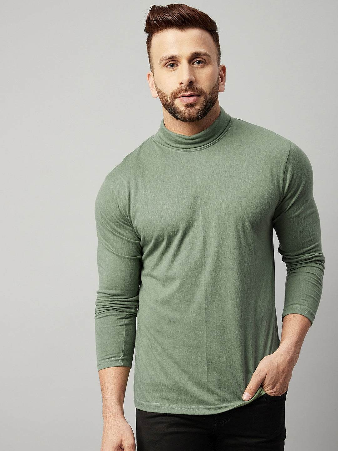 Moss Green High Neck  Solid T-Shirt