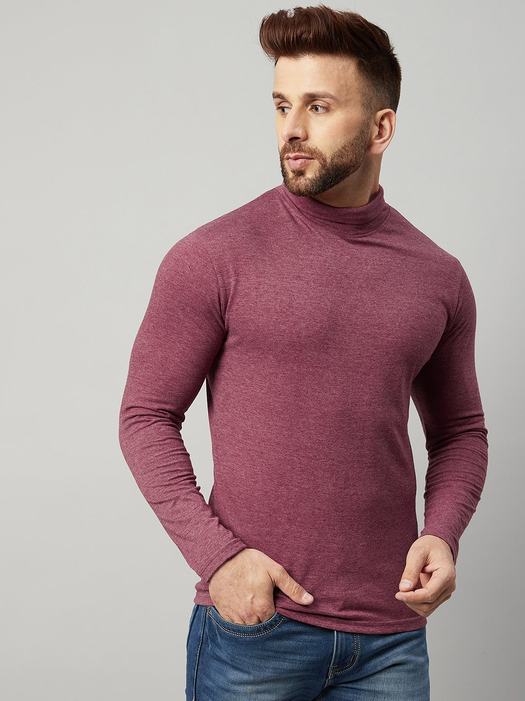 Pink Melange High Neck  Solid T-Shirt