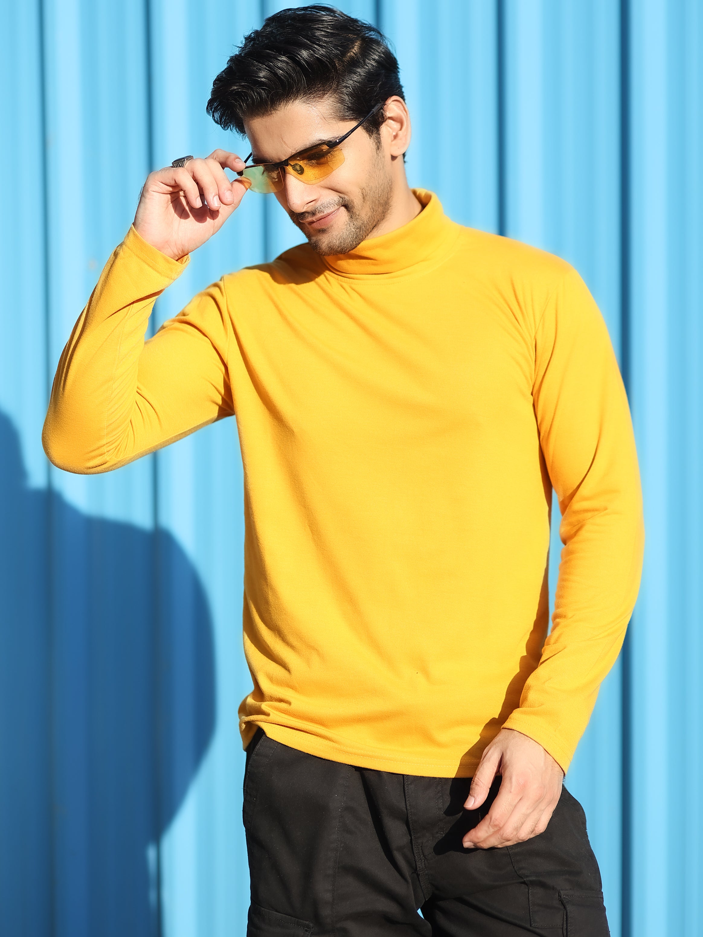 Yellow High Neck  Solid T-Shirt