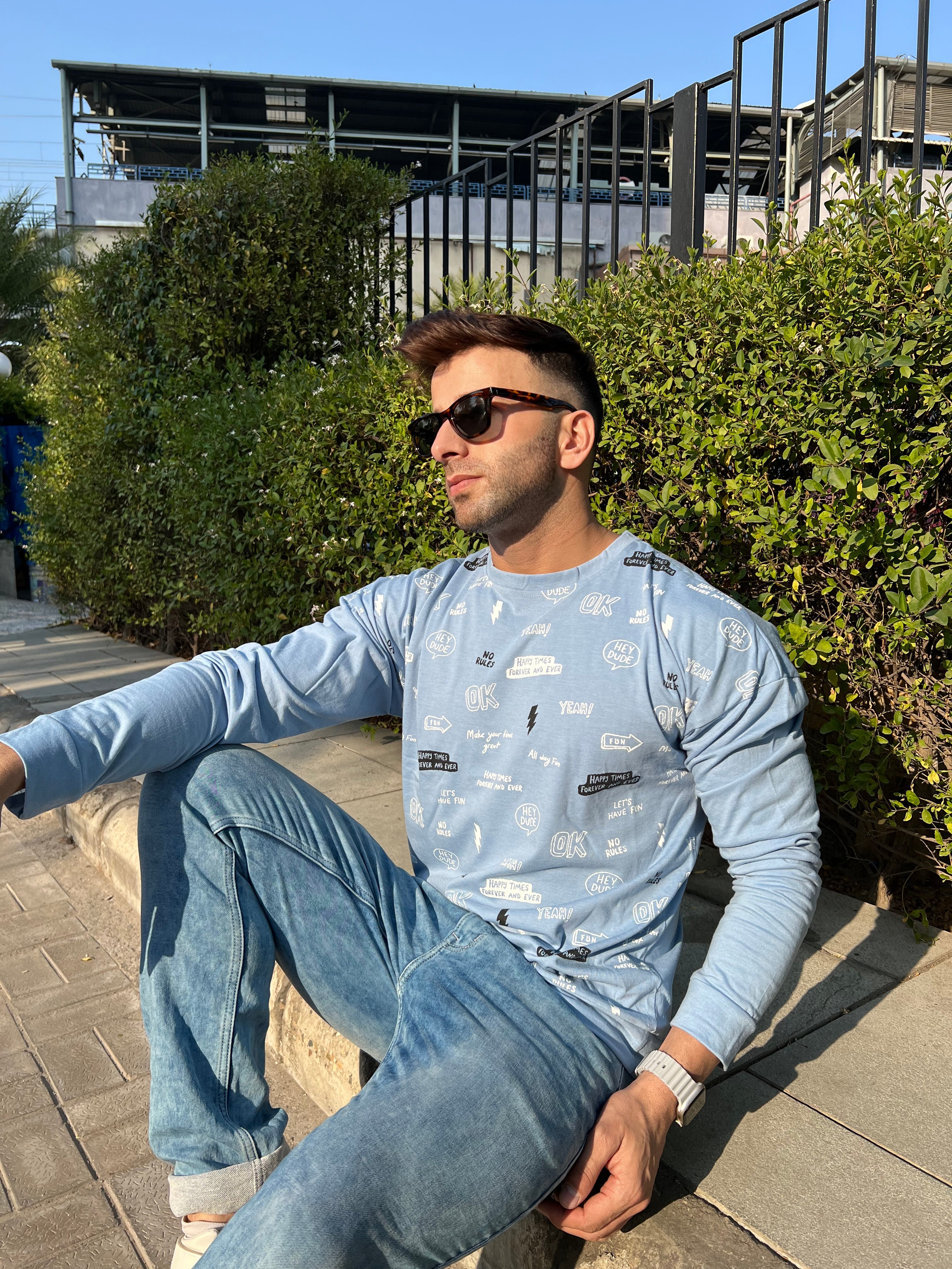 Oversized Drop Shoulder Full Sleeve Sky Blue Typography  T-Shirt