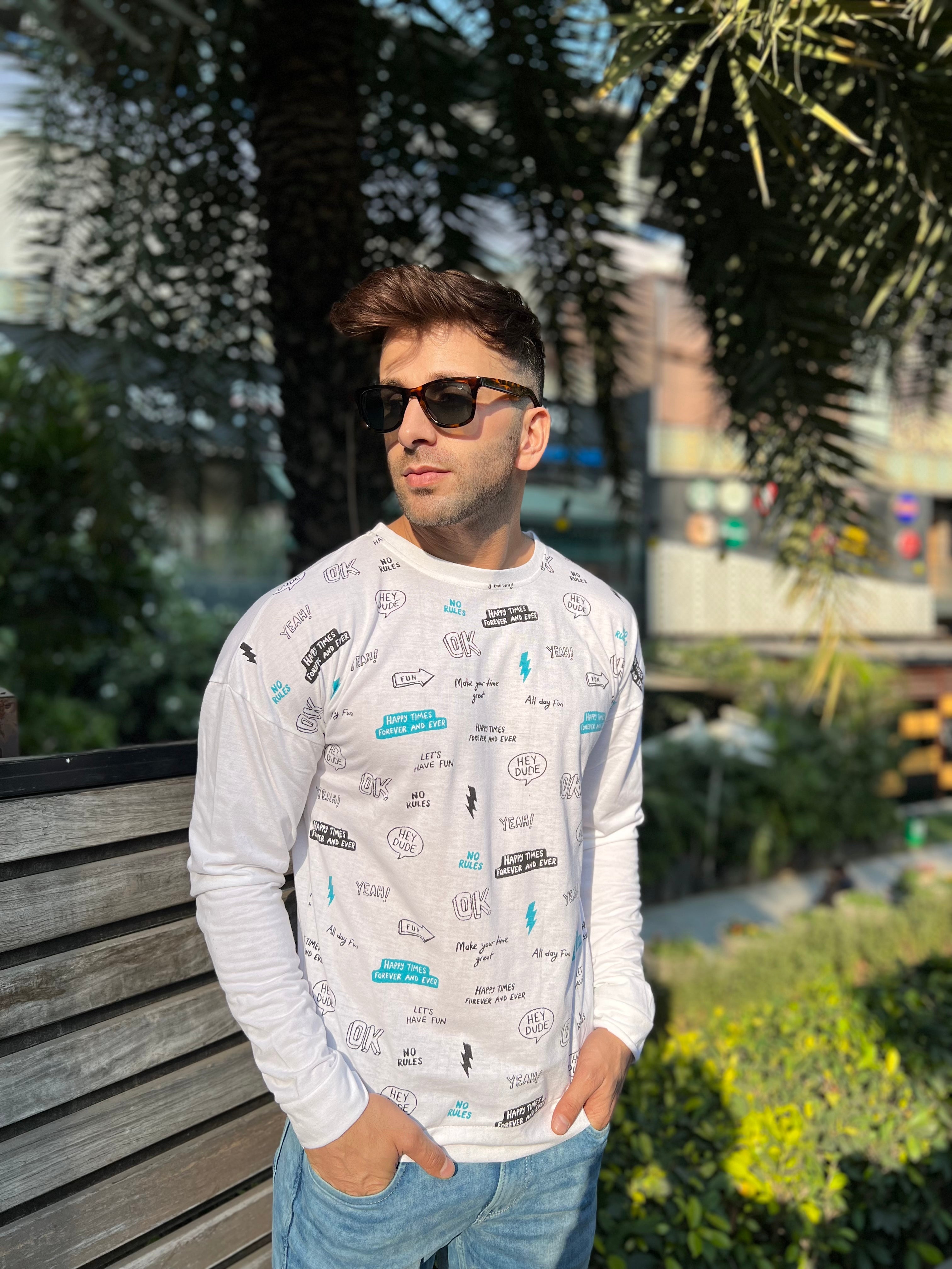 Oversized Drop Shoulder Full Sleeve White Typography  T-Shirt