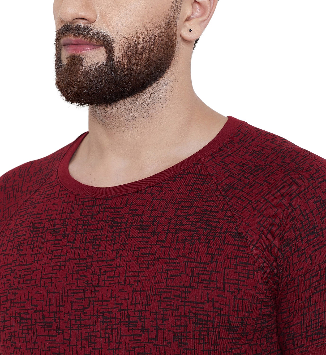 Maroon Printed Round Neck Full Sleeves T-Shirt