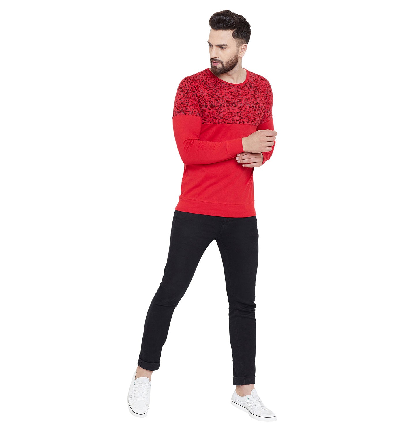Red Printed Round Neck Full Sleeves T-Shirt
