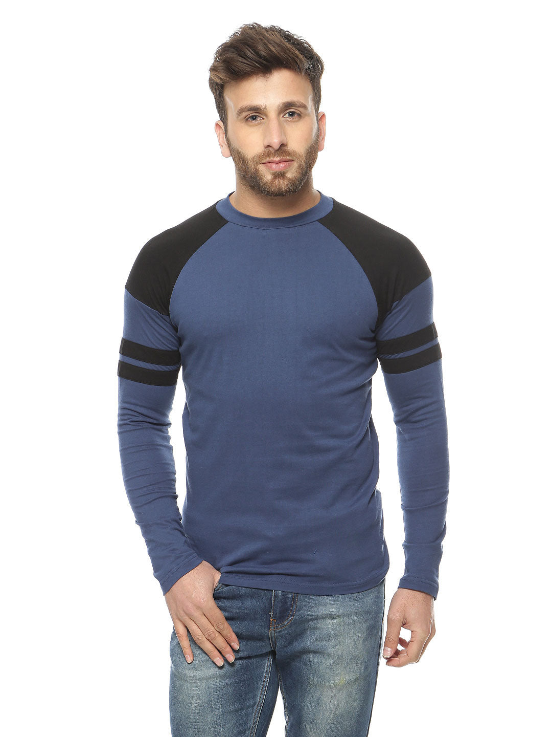 New Blue/Black Full Sleeve Round Neck T-Shirt