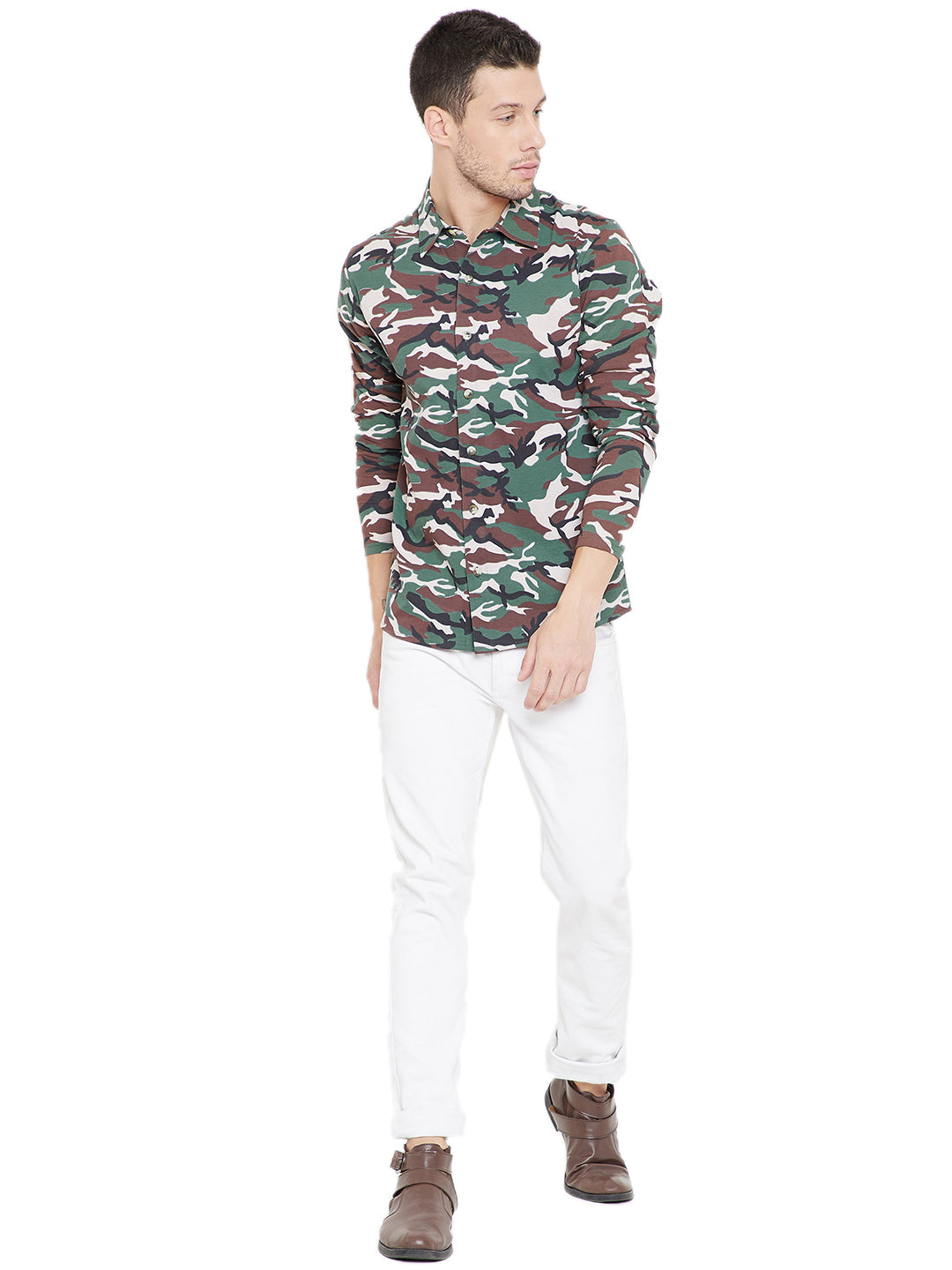 Green Camouflage Knitted Spread Collar Shirt