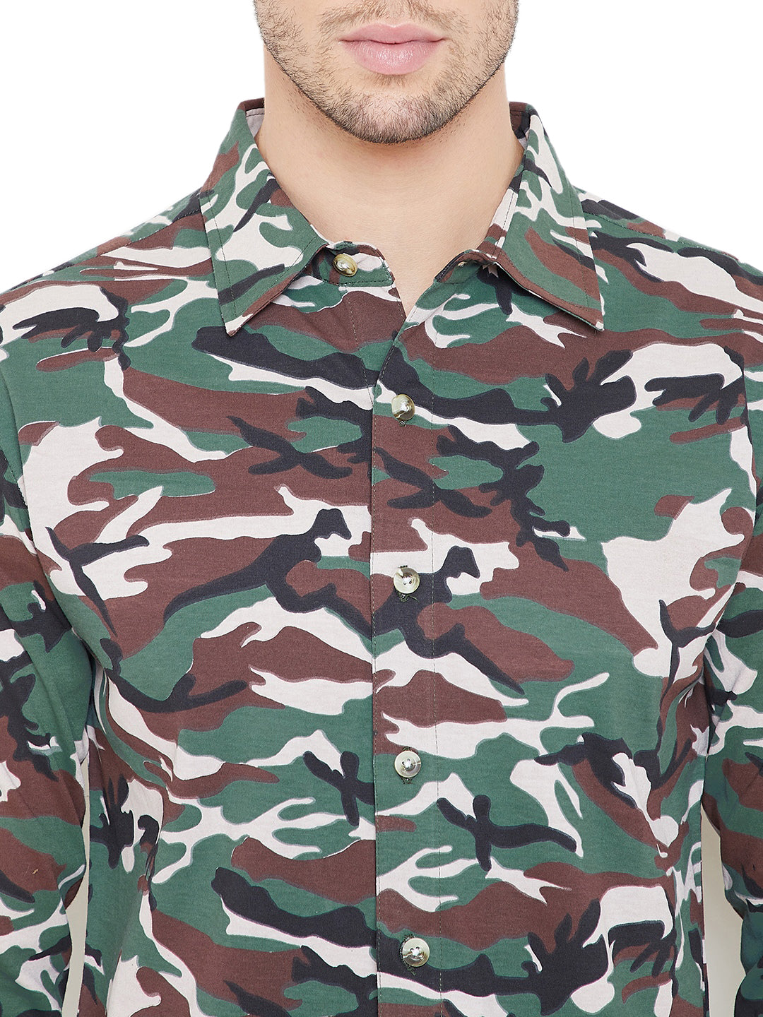 Green Camouflage Knitted Spread Collar Shirt