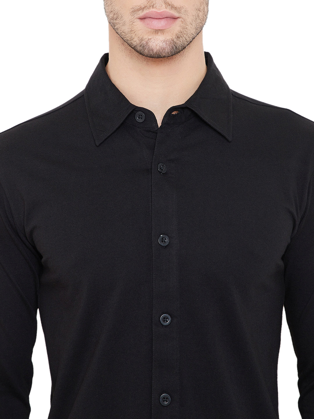 Black Men Full Sleeves Solid Regular Collar Shirt