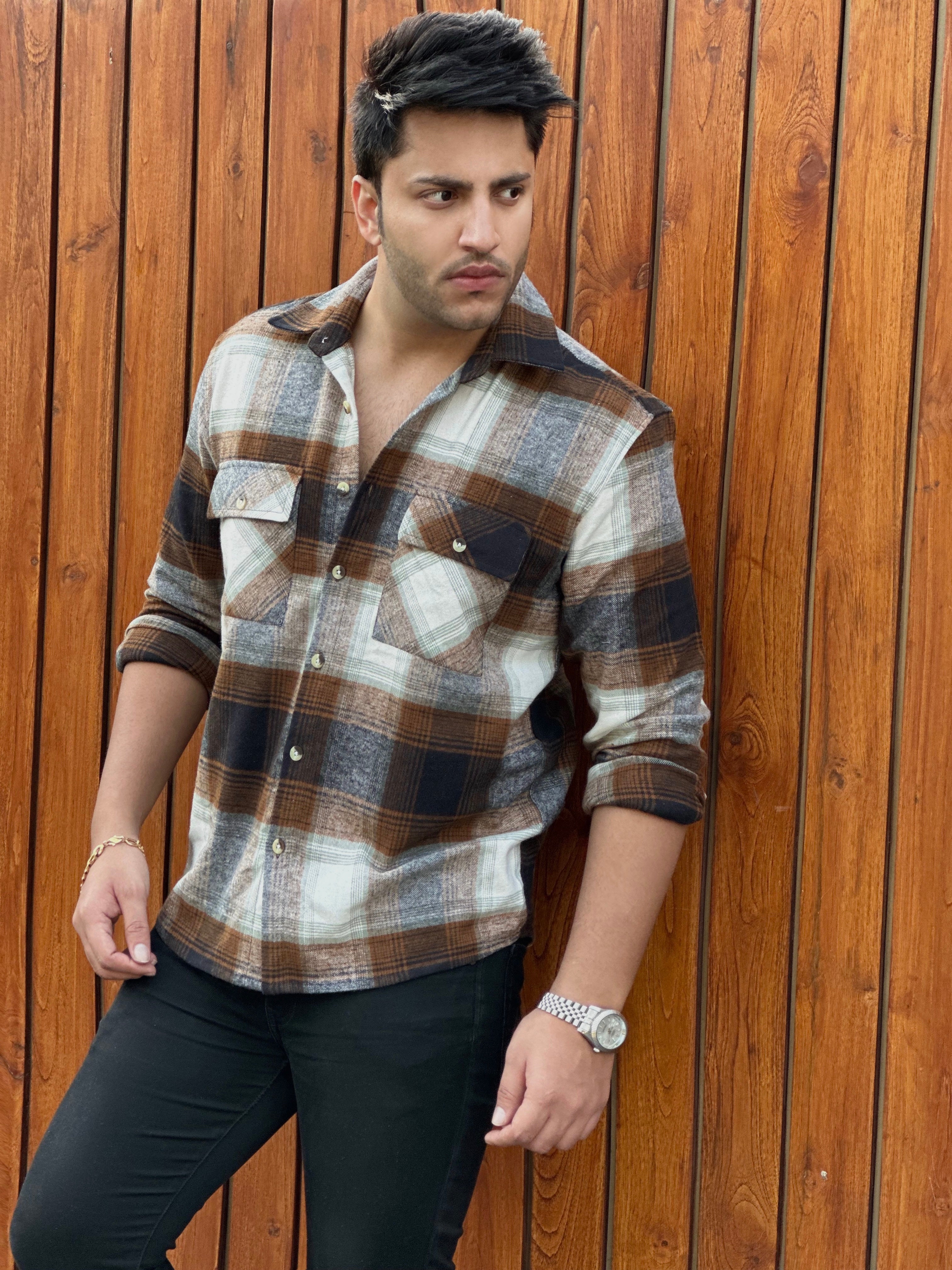Brushed  Brown Grey Flannel Shirt