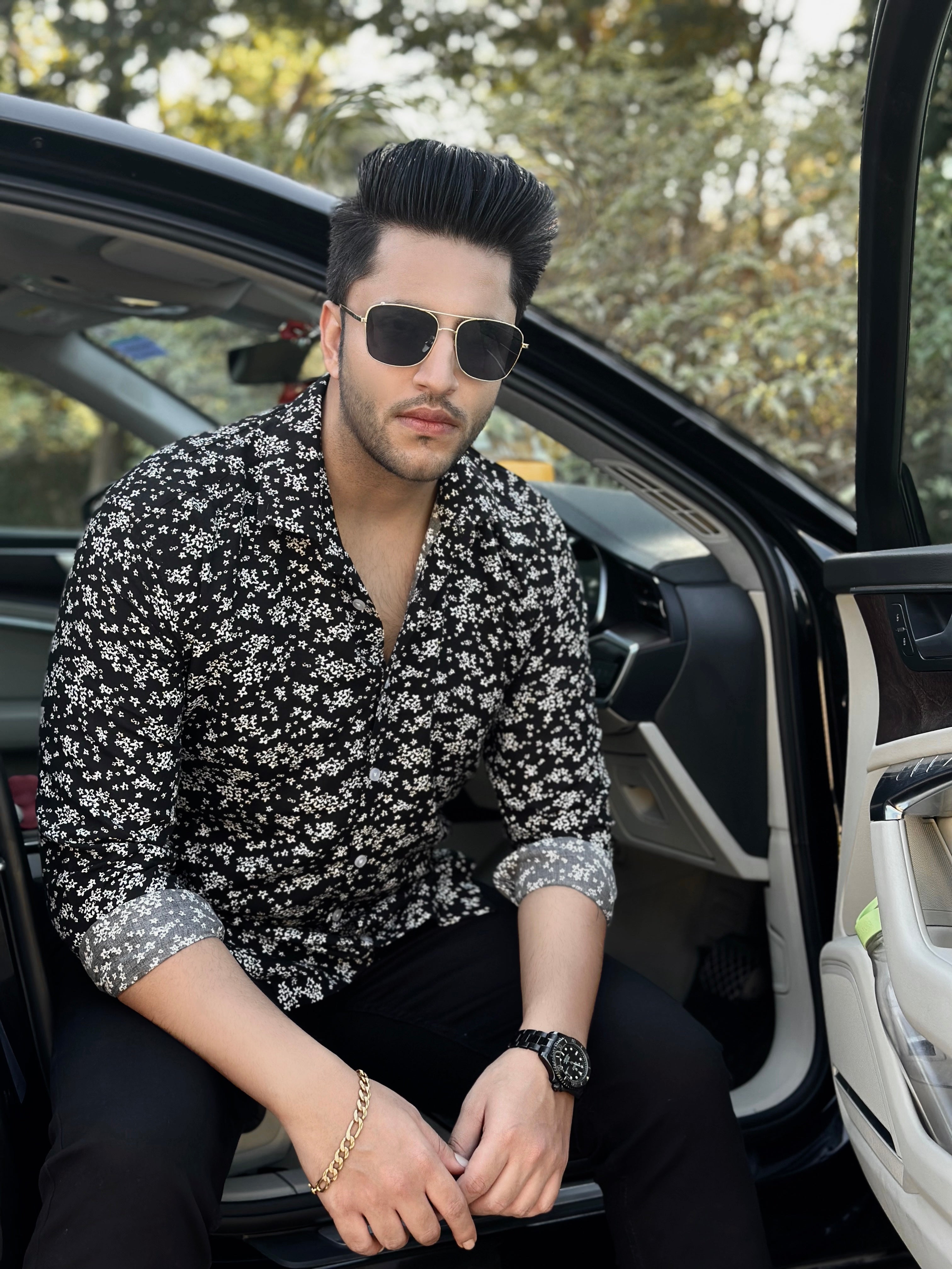 Black White Floral Rayon Shirt