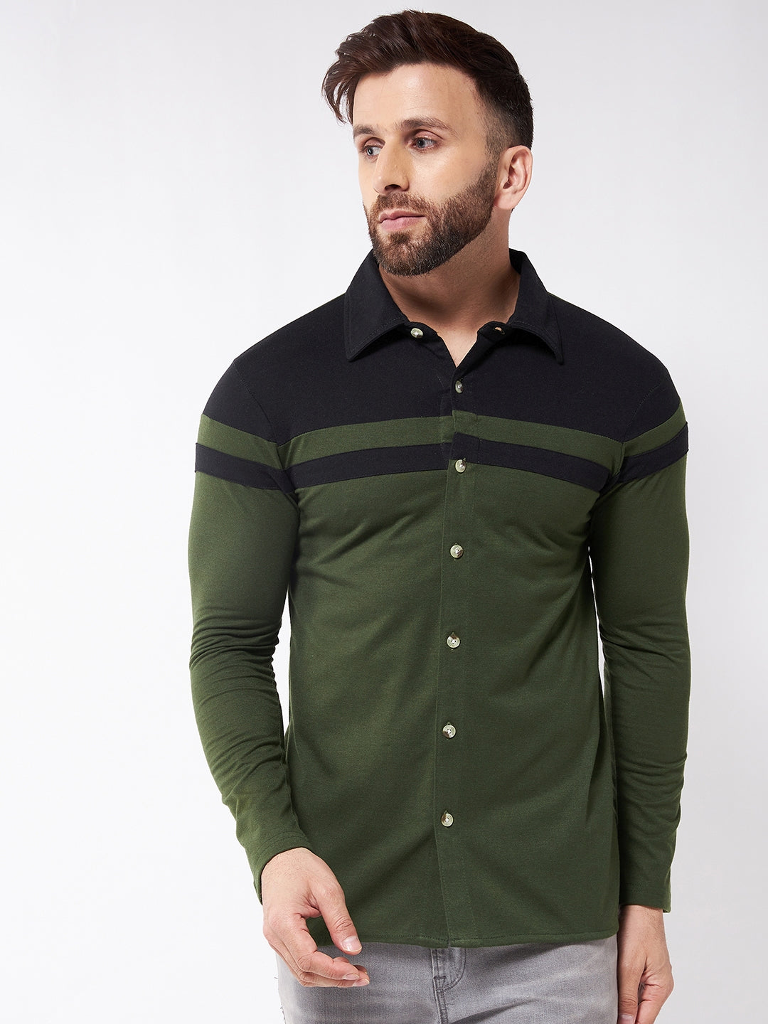 Black and Olive Color Block Full Sleeve Shirt