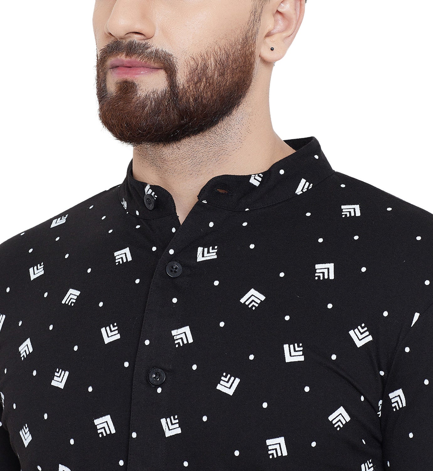 Black Printed Chinese Collar Full Sleeves Shirt