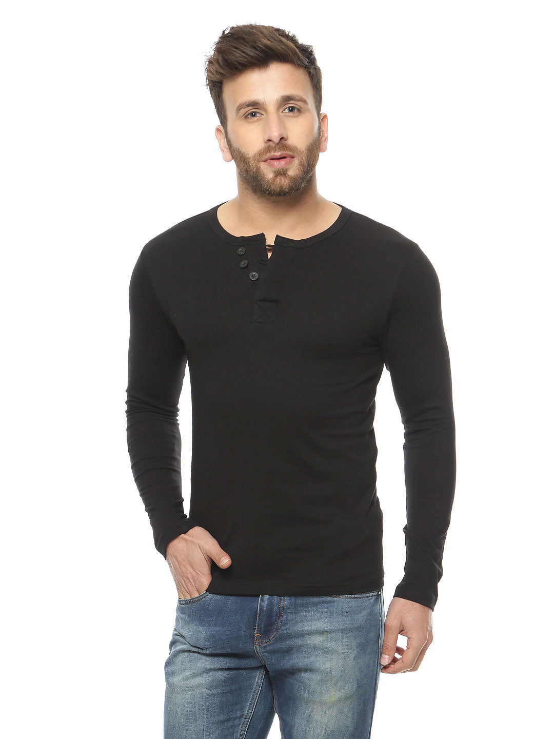 Black Full Sleeve Henley Neck T-Shirt