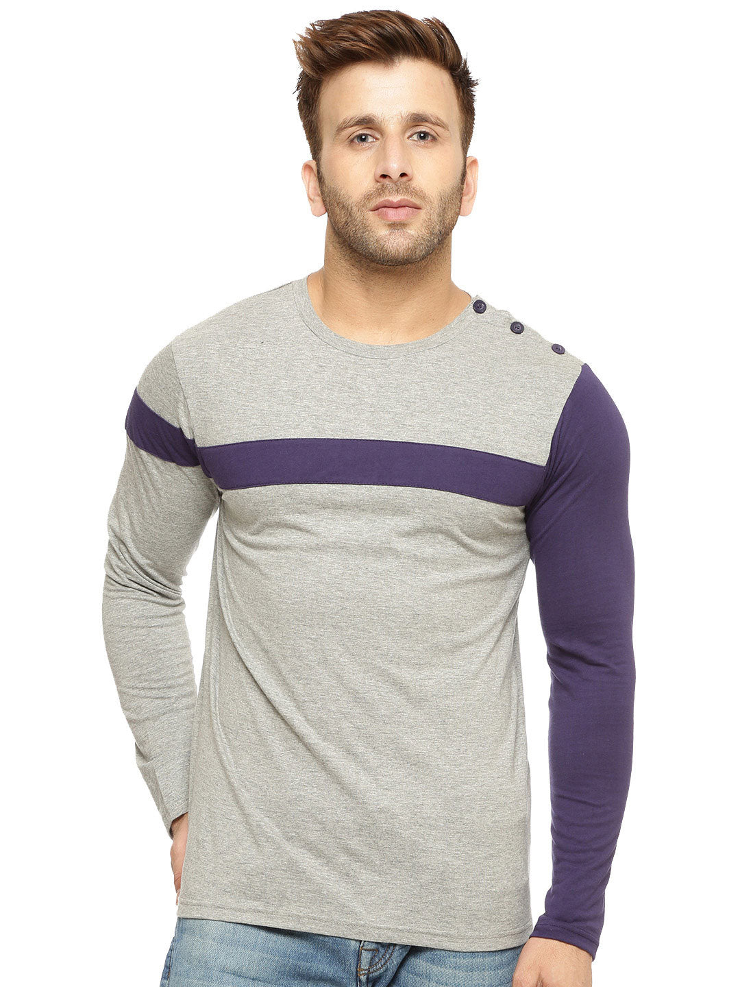 Grey Melange/Navy  Round Neck Side Button T-Shirt