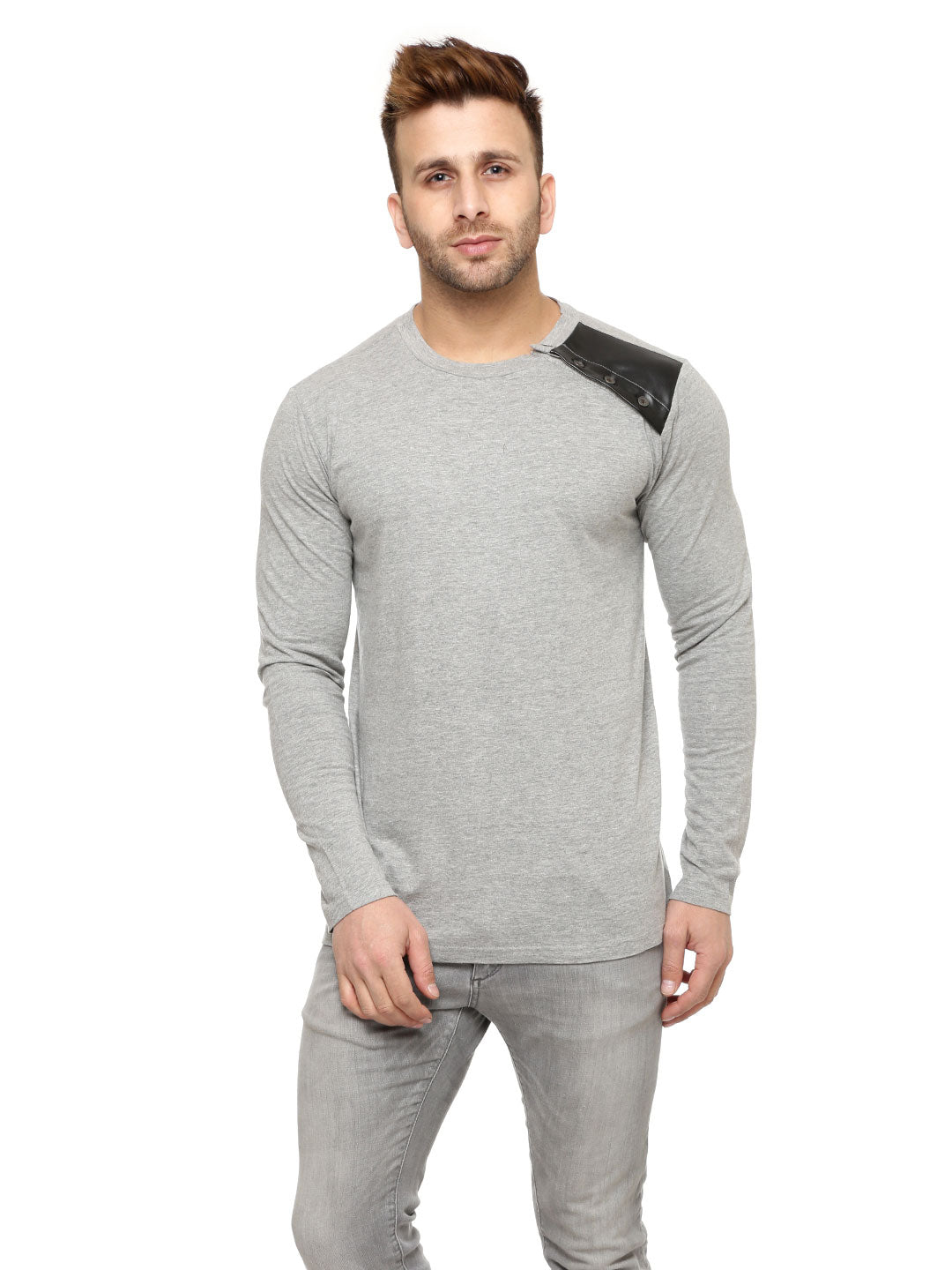 Grey Melange Side Button Round Neck T-Shirt