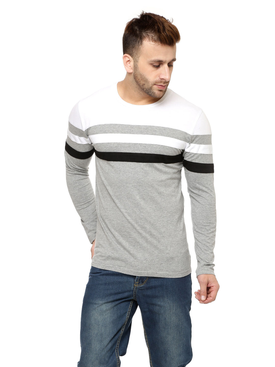 White/Grey Melange Striper Round Neck T-Shirt