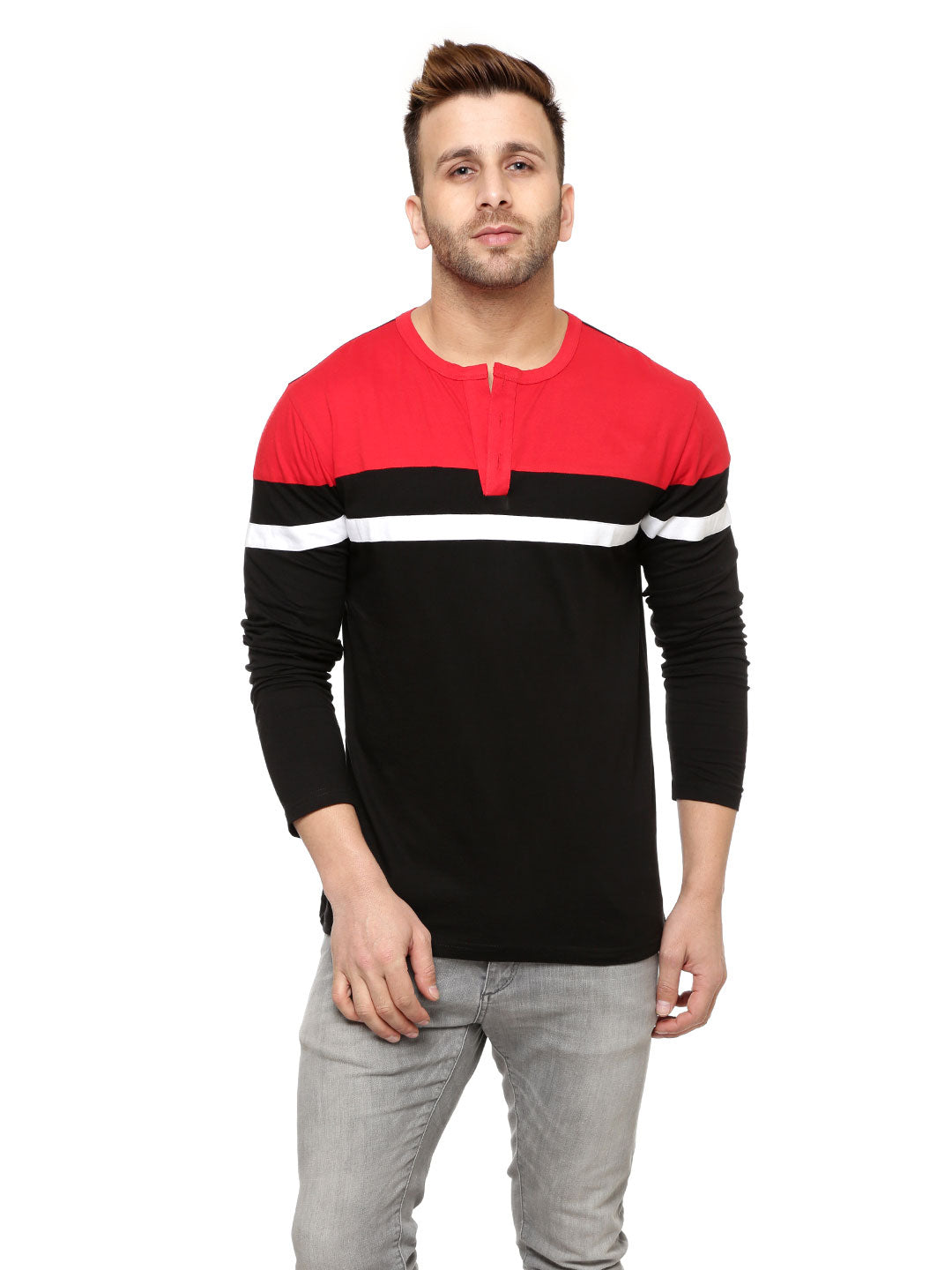 Red/Black Full Sleeve Henley T-Shirt