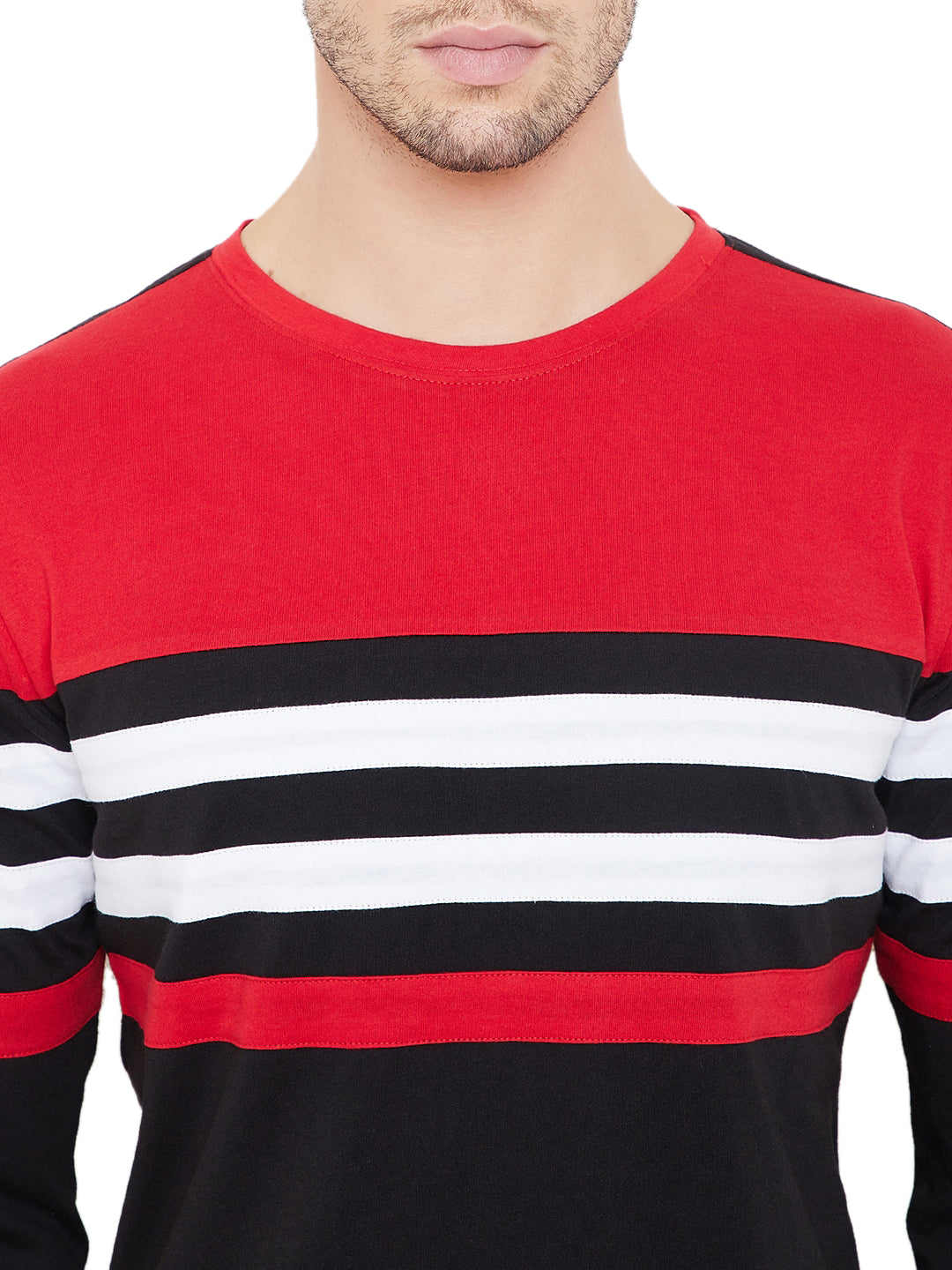 Black/White/Red Men Full Sleeves Round Neck Color Block T-Shirt