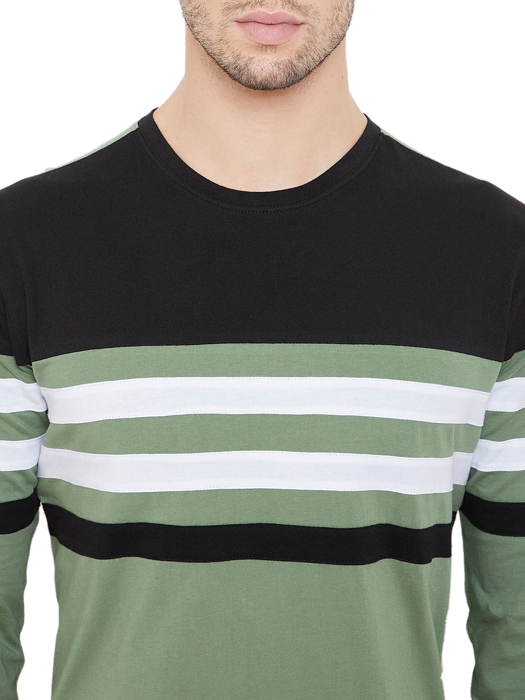 Moss Green/Black/White Men Full Sleeves Round Neck Color Block T-Shirt