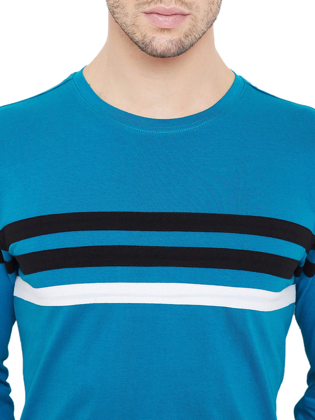 Turquoise/Black/White Men Full Sleeves Round Neck Color Block T-Shirt