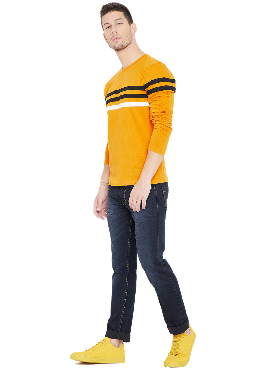 Yellow/Black/White Men Full Sleeves Round Neck Color Block T-Shirt