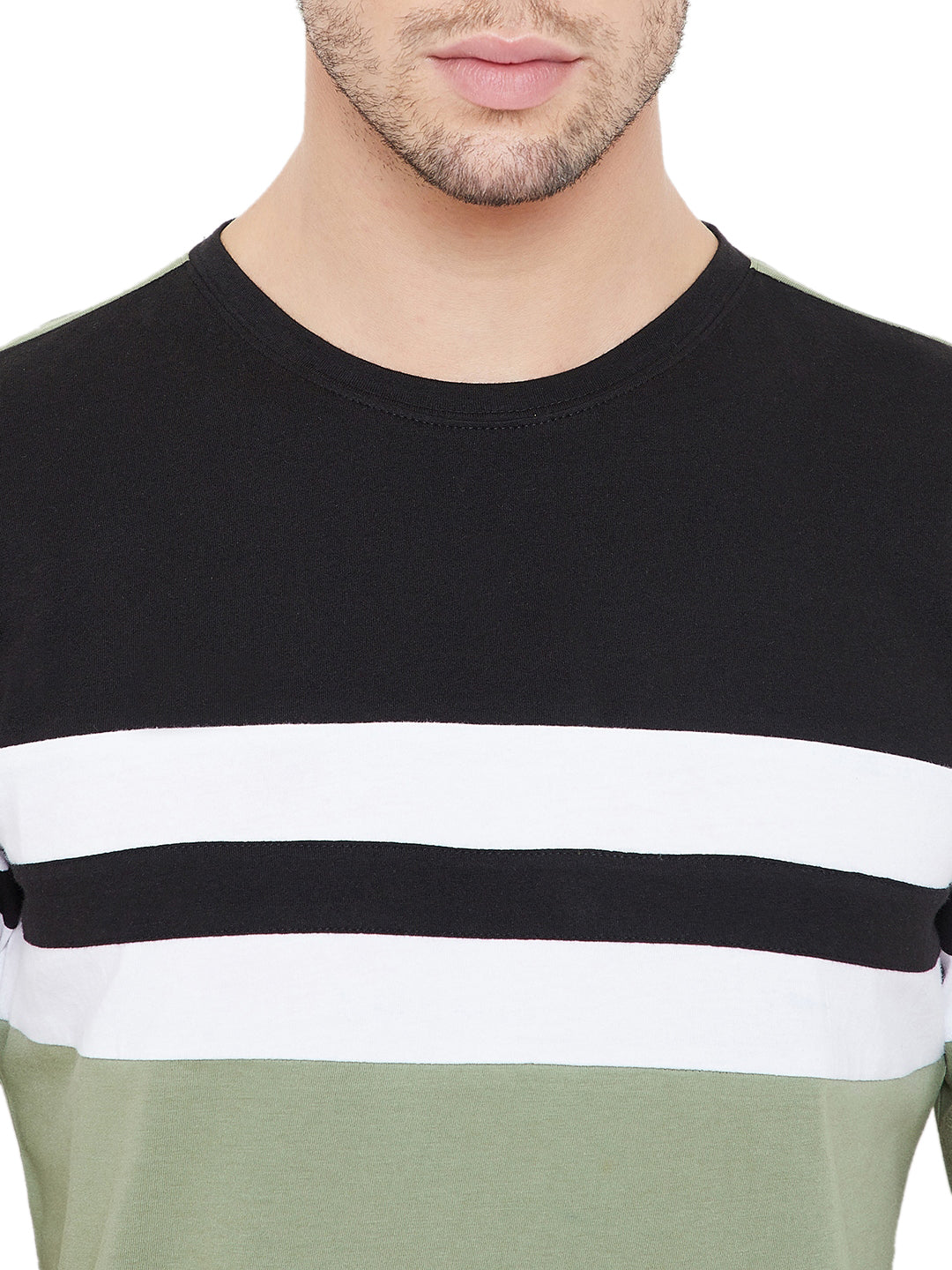 Black/White/Moss Green Men Full Sleeves Round Neck Color Block T-Shirt