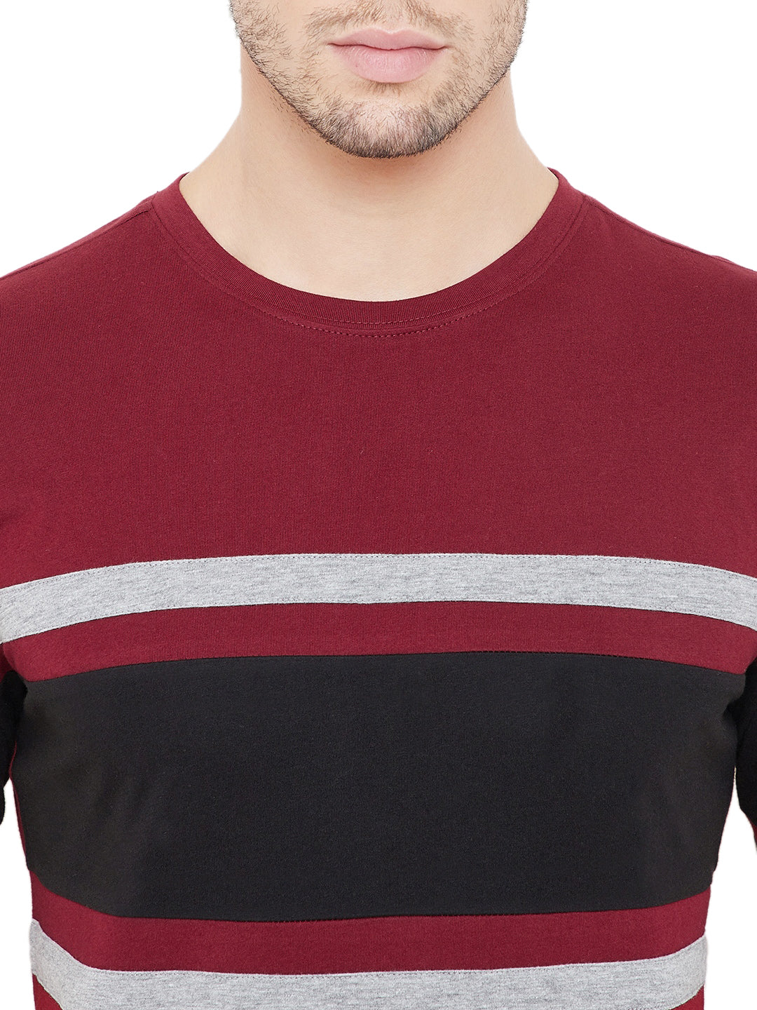 Maroon/Grey Melange/Black Men Full Sleeves Round Neck Color Block T-Shirt