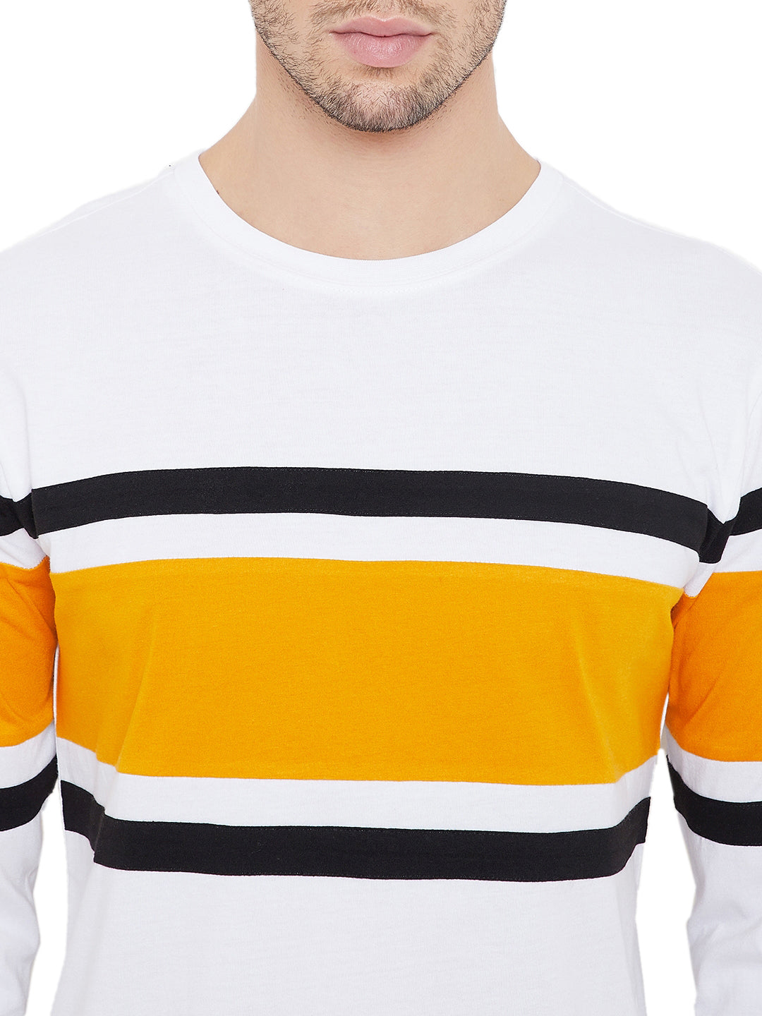 White/Black/Yellow Men Full Sleeves Round Neck Color Block T-Shirt