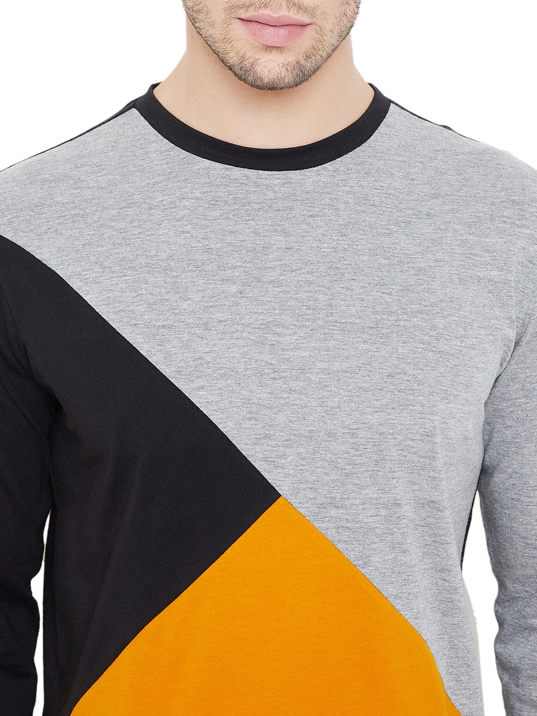 Black/Grey Melange/Yellow Men Full Sleeves Round Neck Color Block T-Shirt