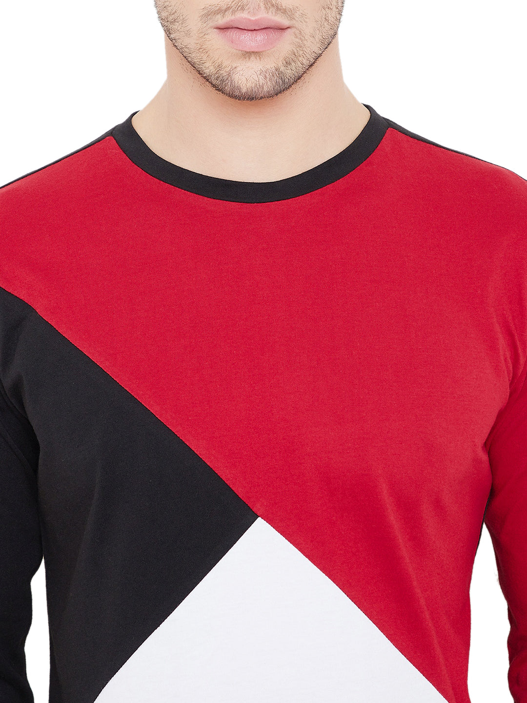 Black/Red/White Men Full Sleeves Round Neck Color Block T-Shirt