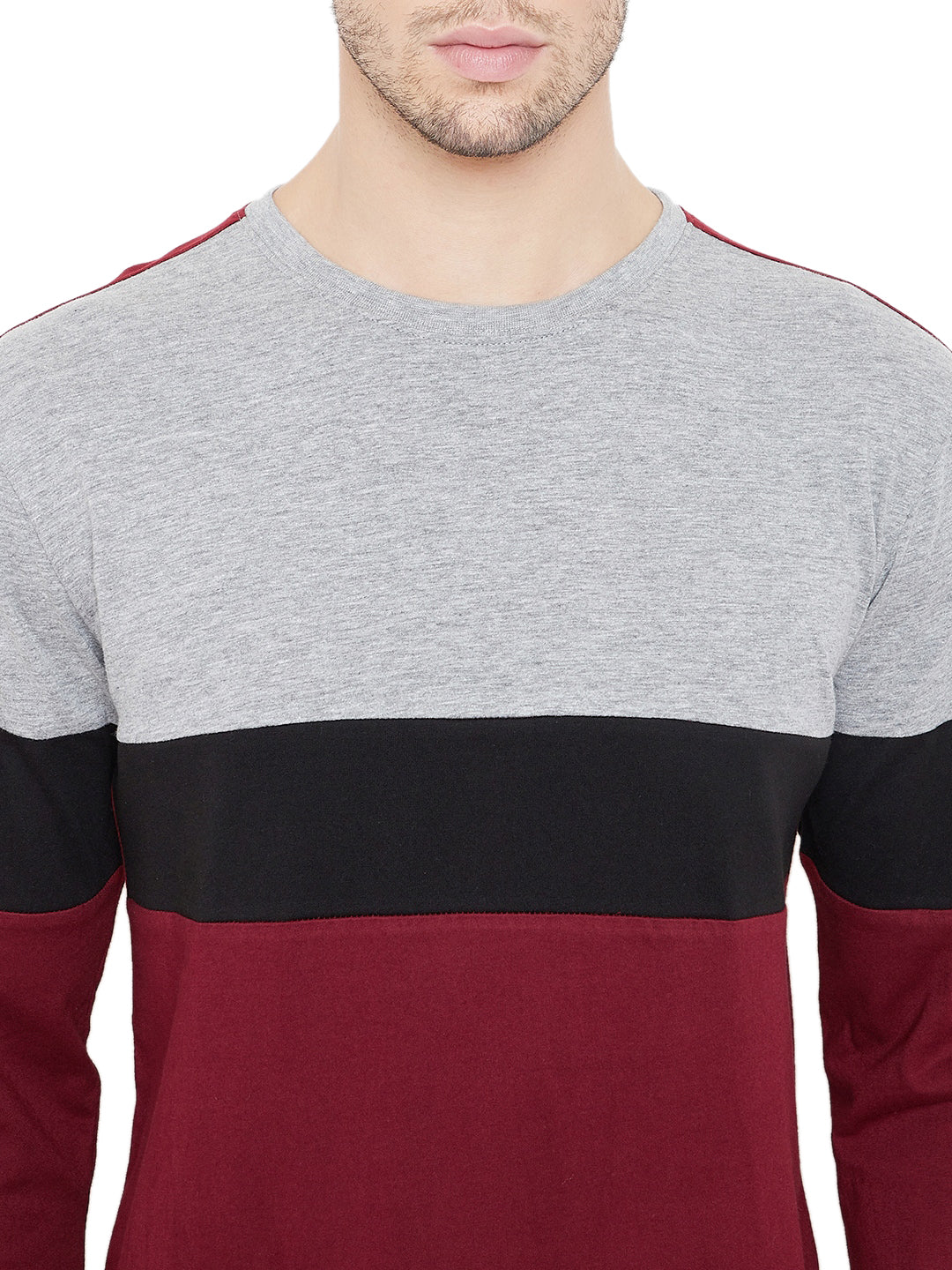Grey Melange/Black/Maroon Men Full Sleeves Round Neck Color Block T-Shirt