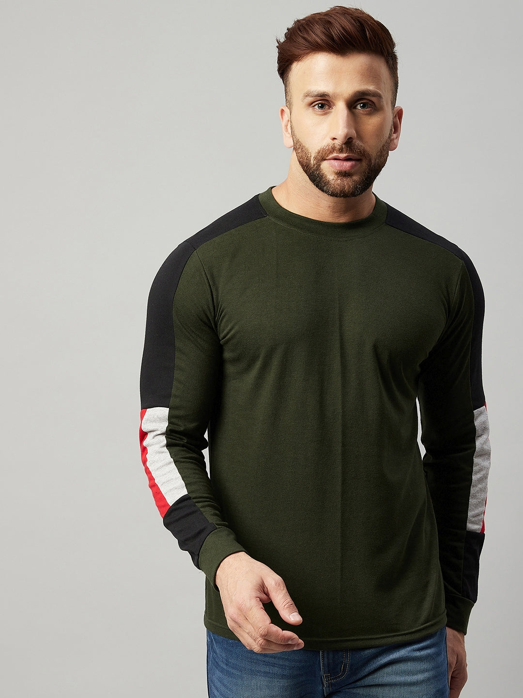 Olive Green Full Sleeve Color Block T-Shirt