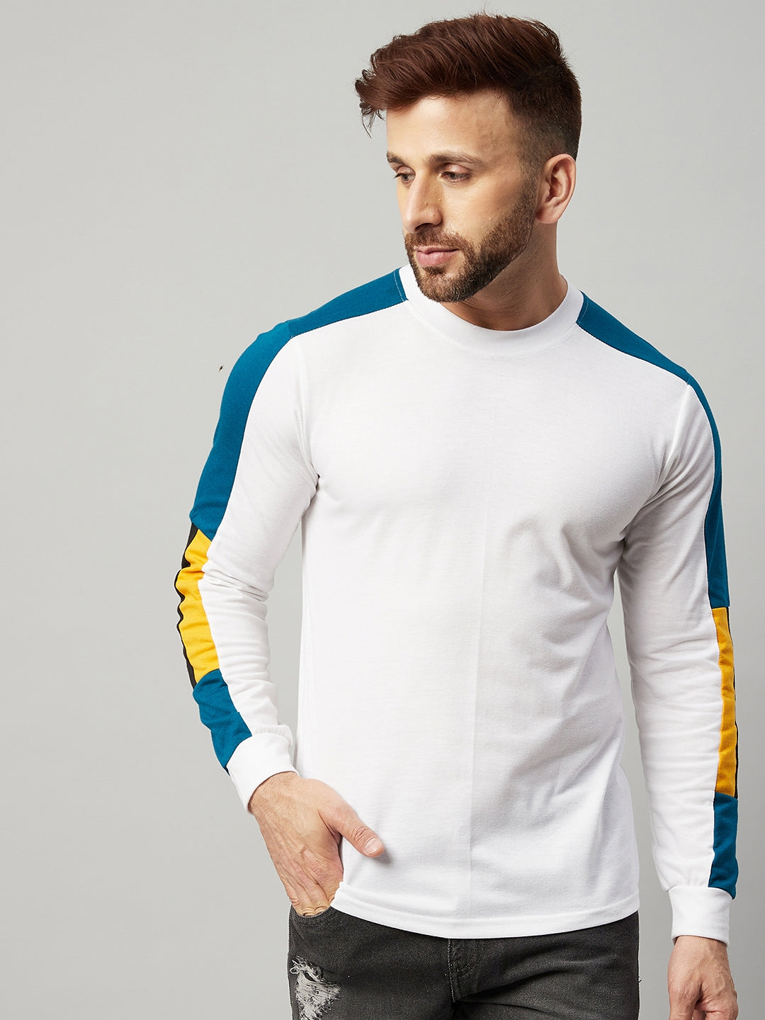 White Full Sleeve Color Block T-Shirt