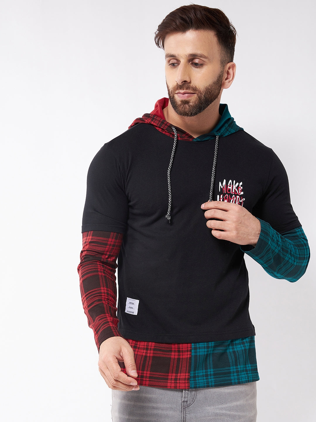 Black and Multi Hooded Full Sleeve  Tshirt
