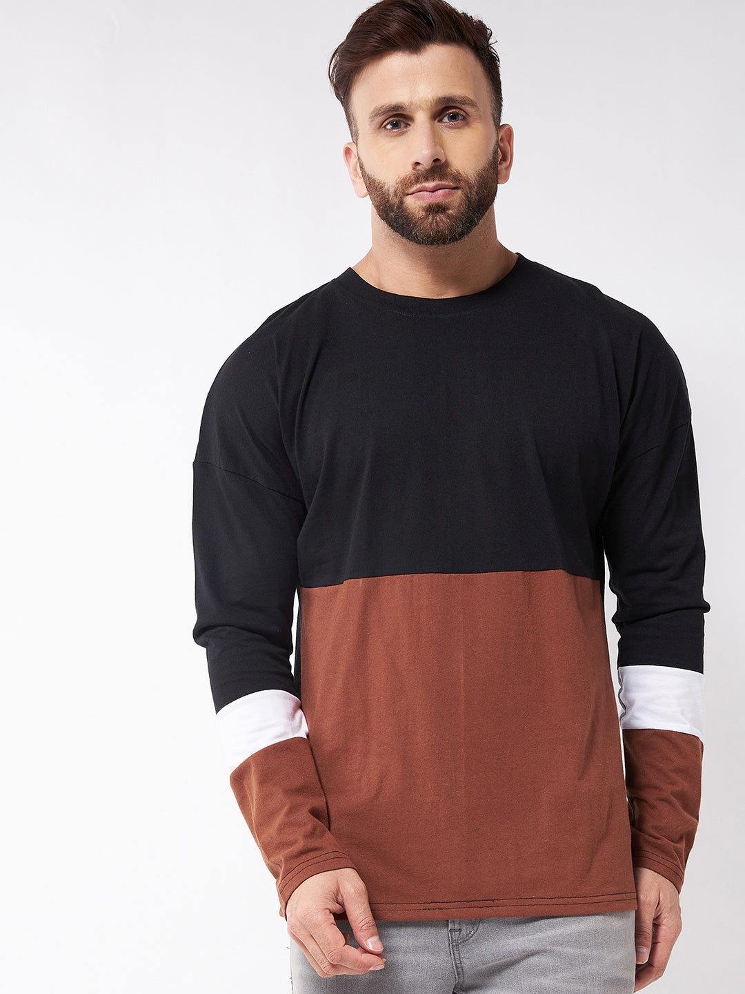 Oversized Black and Brown Drop Shoulder Color Block T-Shirt
