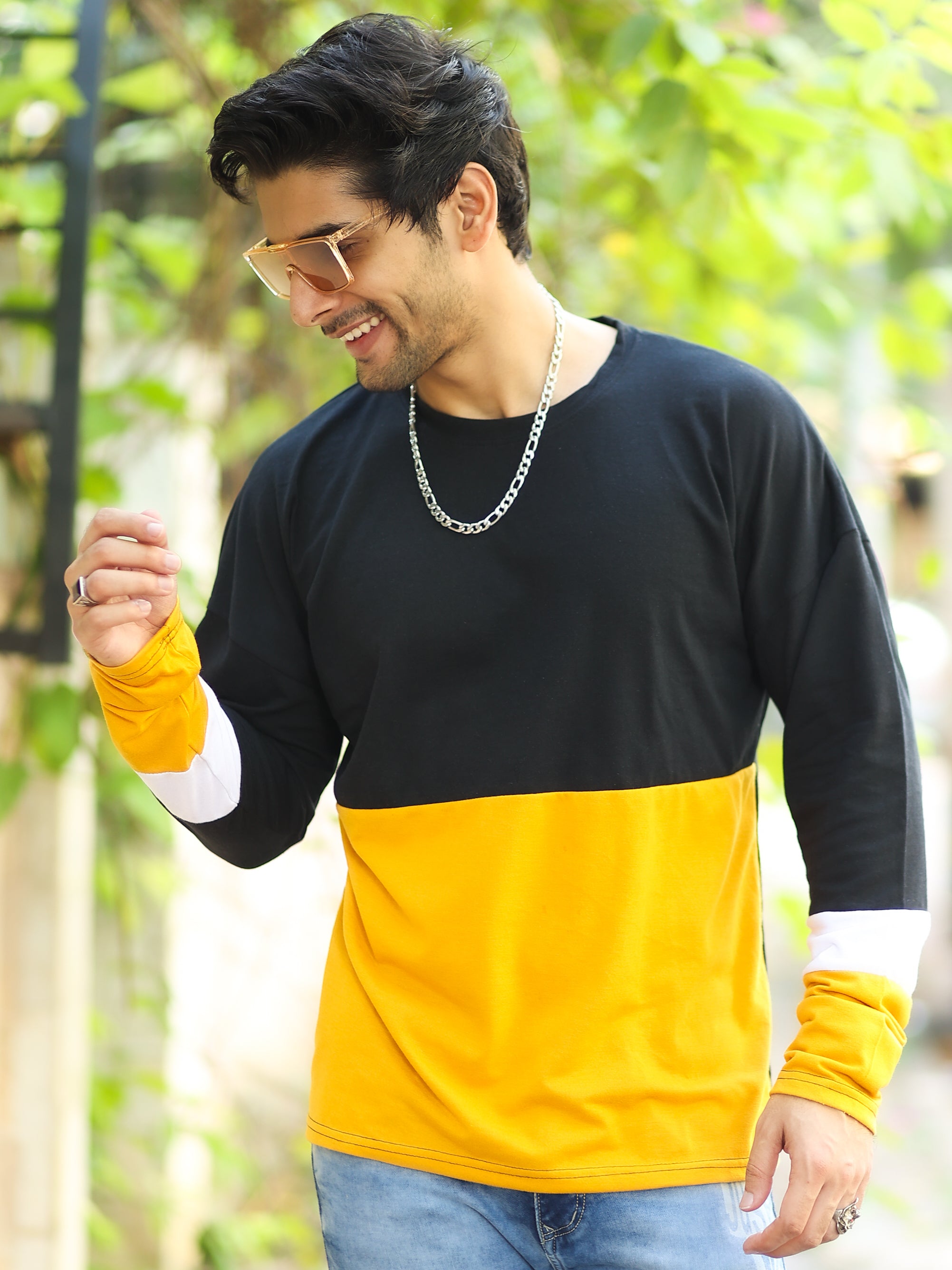 Oversized Black and Yellow Drop Shoulder Color Block T-Shirt