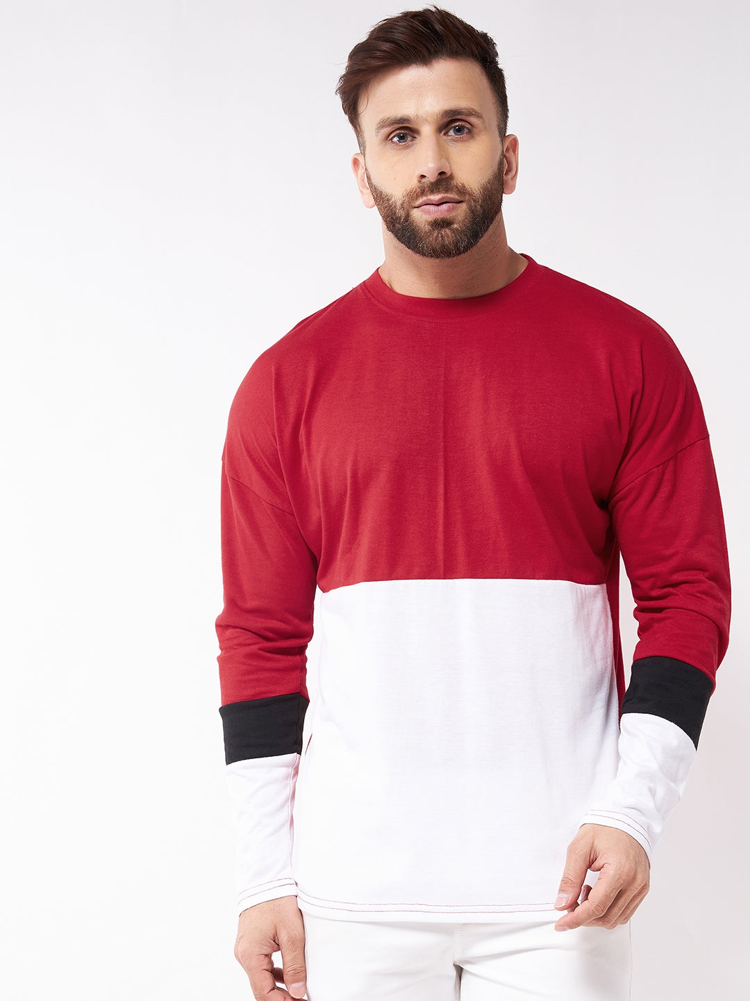Oversized Red and White Drop Shoulder Color Block T-Shirt
