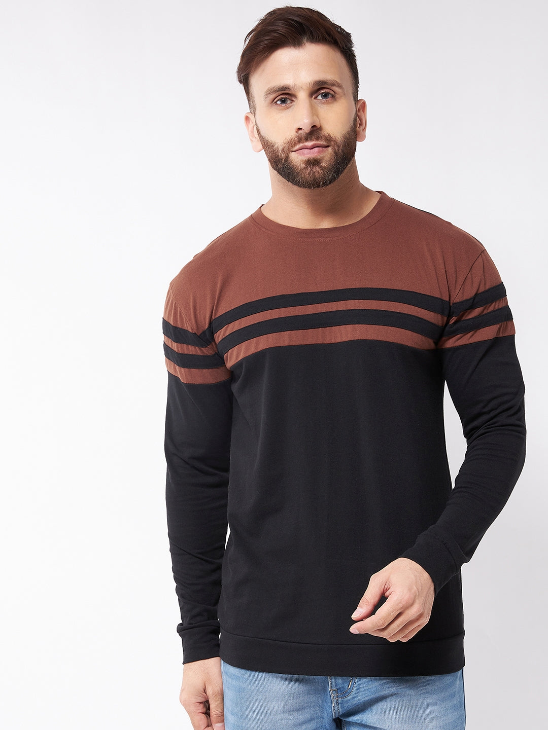 Brown and Black Full Sleeve Color Block  T-Shirt
