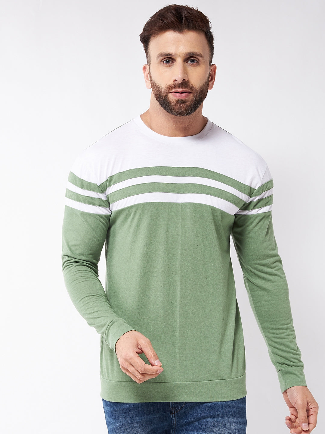 Moss Green and White Full Sleeve Color Block  T-Shirt