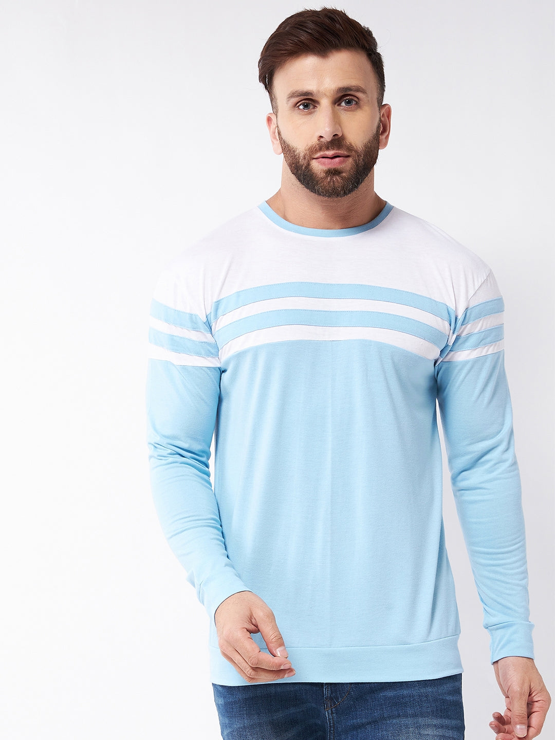Sky Blue and White Full Sleeve Color Block  T-Shirt