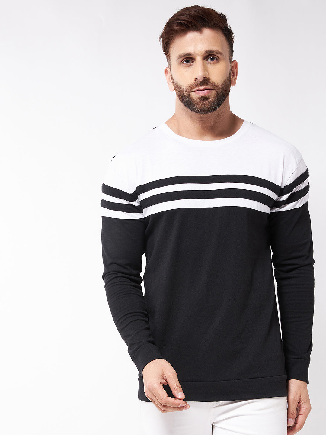 Black and White Full Sleeve Color Block  T-Shirt