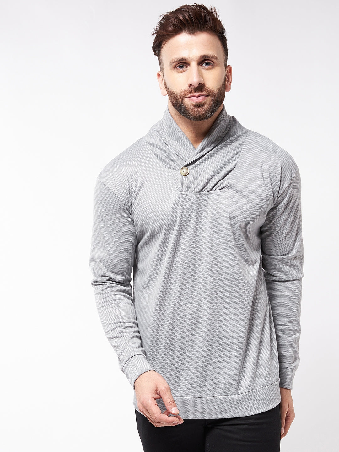 Grey Melange Trendy Shawl Neck Solid Sweatshirt