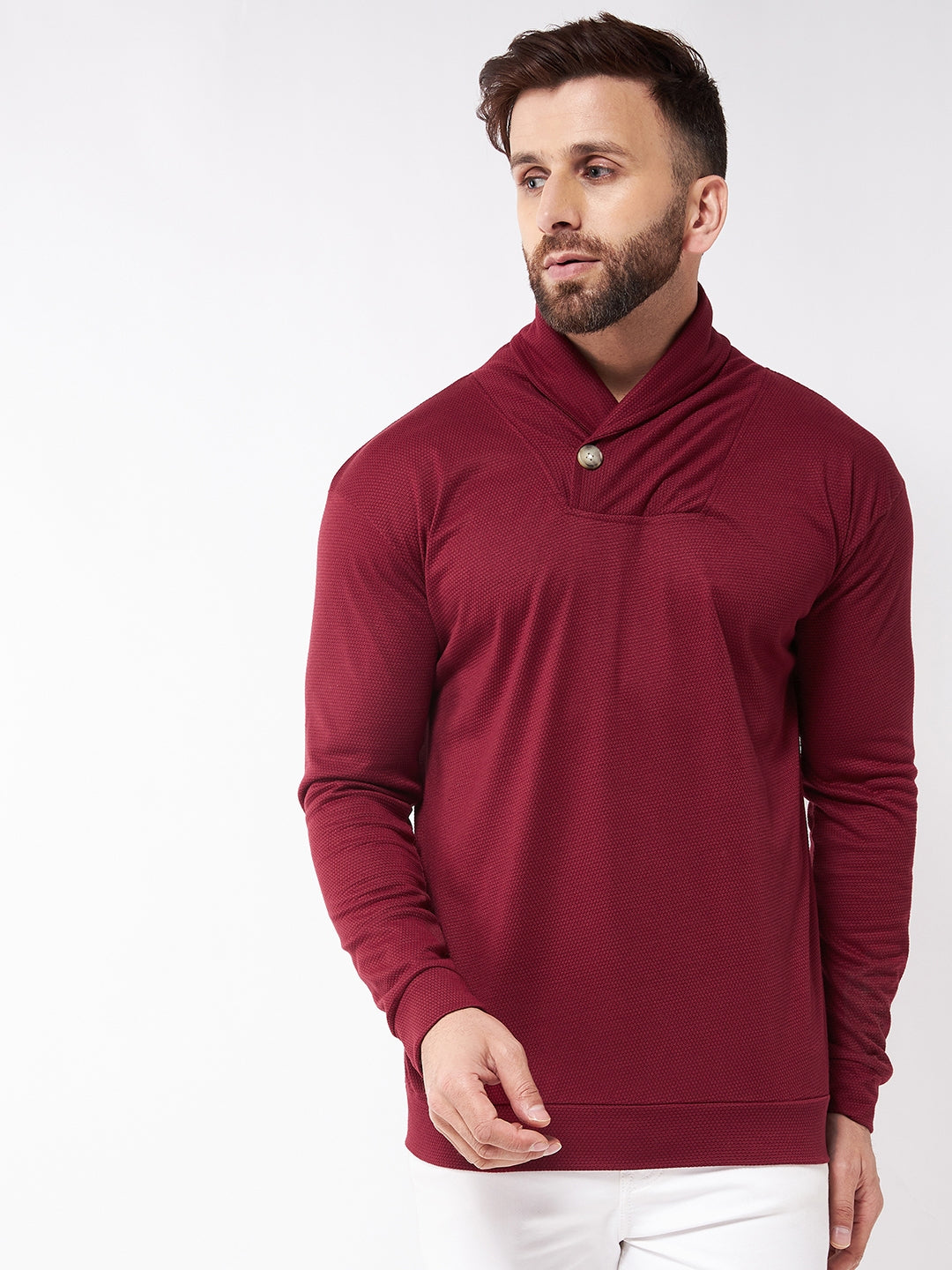 Maroon Trendy Shawl Neck Solid Sweatshirt