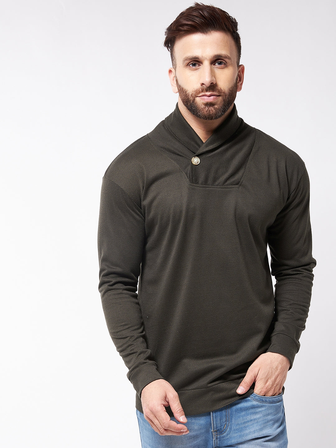 Olive Trendy Shawl Neck Solid Sweatshirt