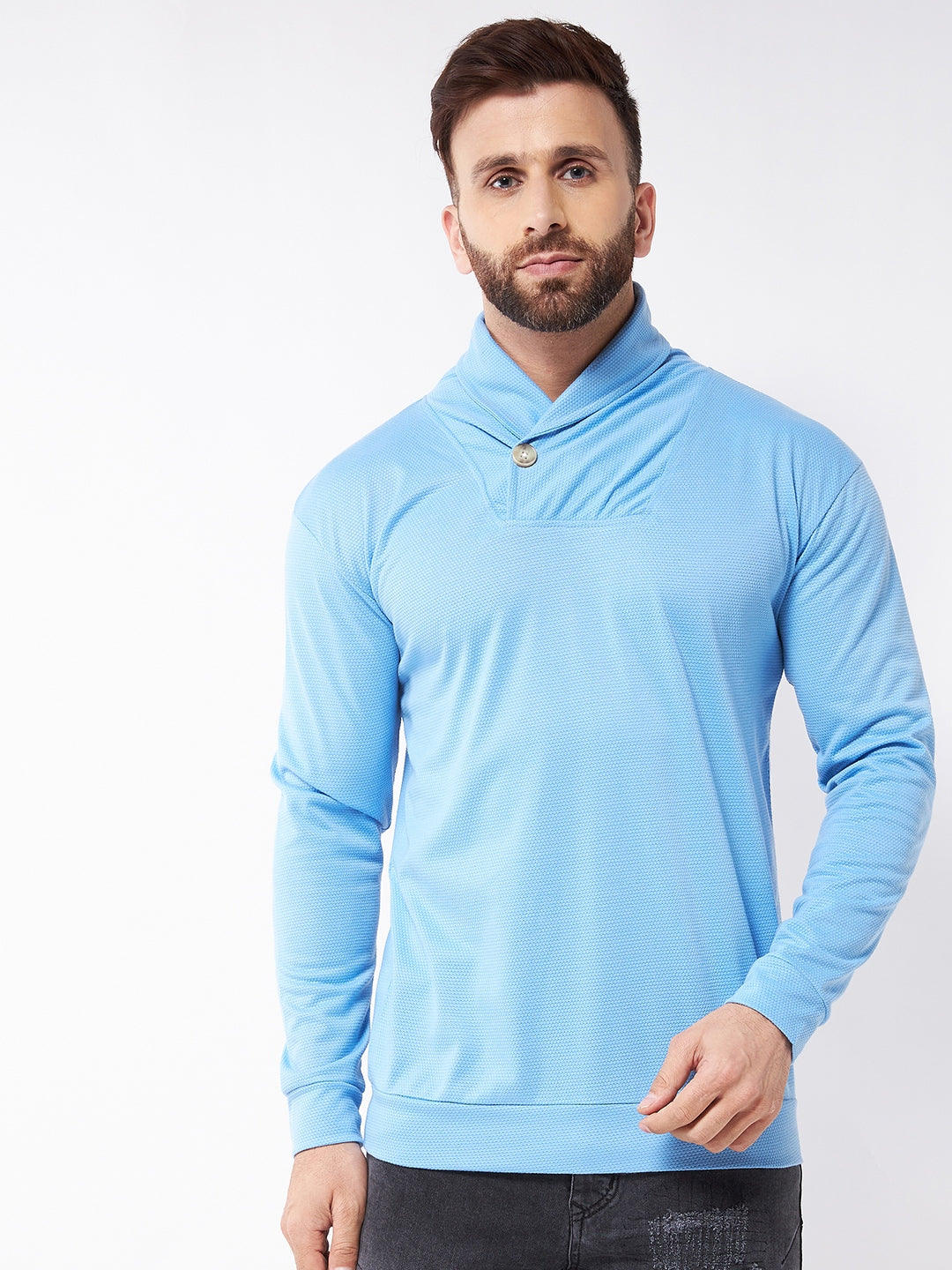 Sky Blue Trendy Shawl Neck Solid Sweatshirt