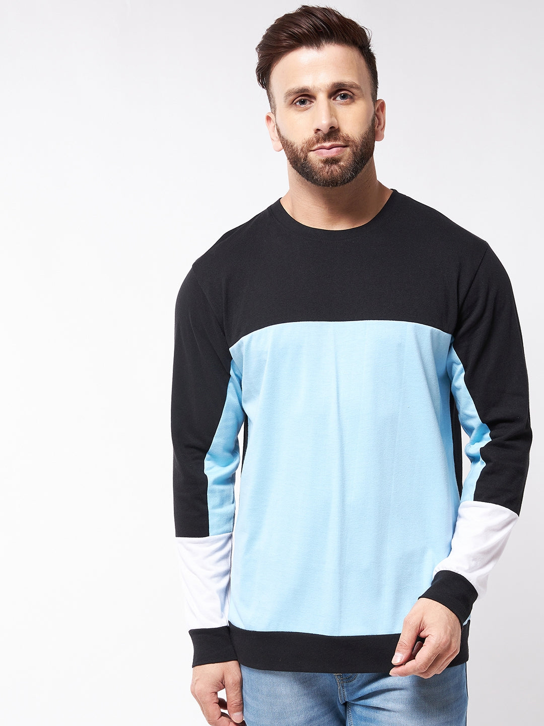 Oversized Black and Sky Blue Color Block  T-Shirt
