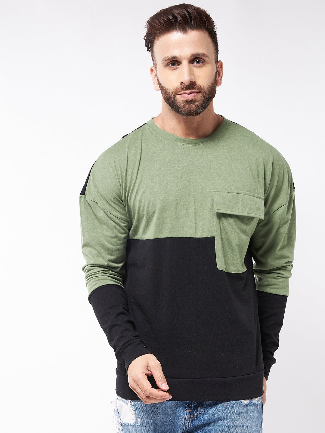 Oversized Black and Moss Green Full Sleeve  T-Shirt
